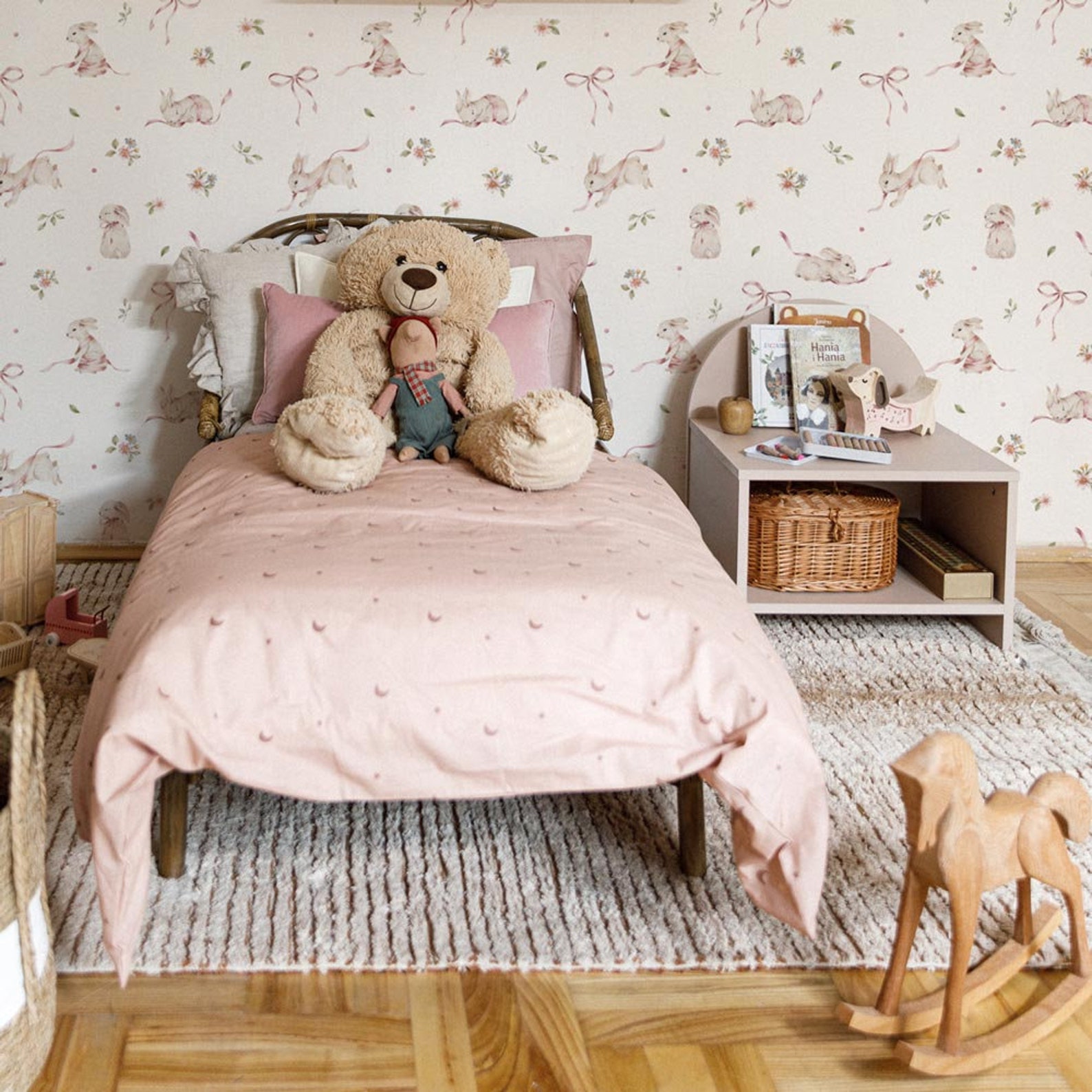 Pink Rabbits on White DEKORNIK Wallpaper, Nursery Wall Decor, Delicate ...