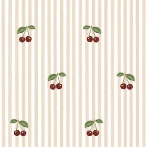 Carta da parati con ciliegie su strisce beige, DEKORNIK, grazioso decoro murale per la cameretta dei bambini, motivo per la cameretta delle bambine