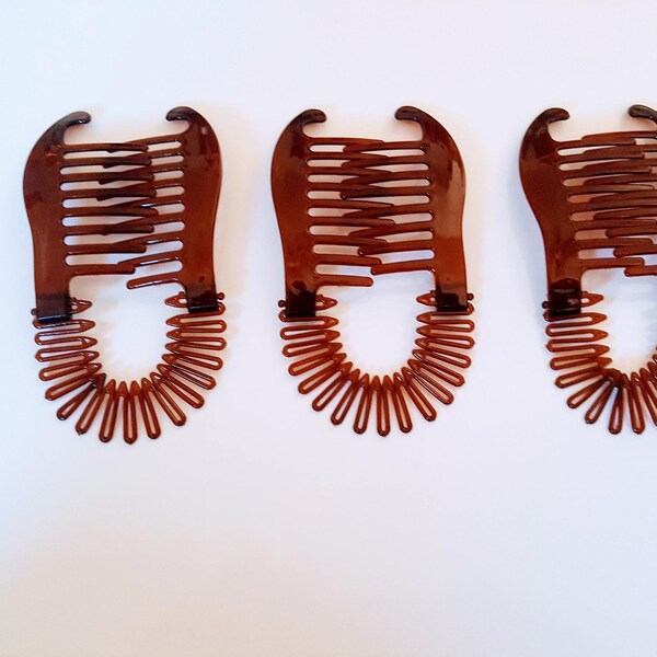 3 Pcs Plastic interlocking banana clip hair pony tail comb flex coil stretch spider clincher( Brown).