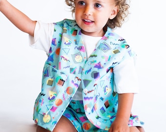 Childrens Bonjour Bébé Vest Jacket. Sustainable, handmade, unisex, fun, festival, kids, co-ord top. Baby - child size. in 80s Vibe print.