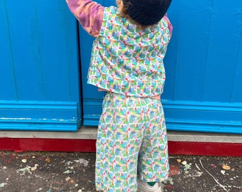 Childrens Wide leg trousers. Handmade, sustainable, unisex, fun, festival, kids, co-ord, culottes. Baby - child sizes. Watercolours Print