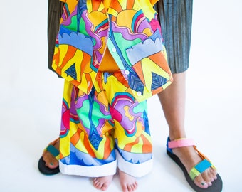 Childrens Wide leg trousers. Handmade, sustainable, unisex, fun, festival, kids, co-ord, culottes. Baby - child sizes. Sunrise Print