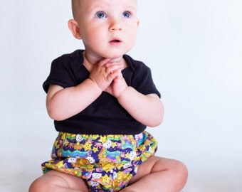 Baby Bubble Butt Bloomer Pants. Sustainable, handmade, unisex, fun, festival, kids, shorts.  Baby - toddler size. in Rainbows Print.