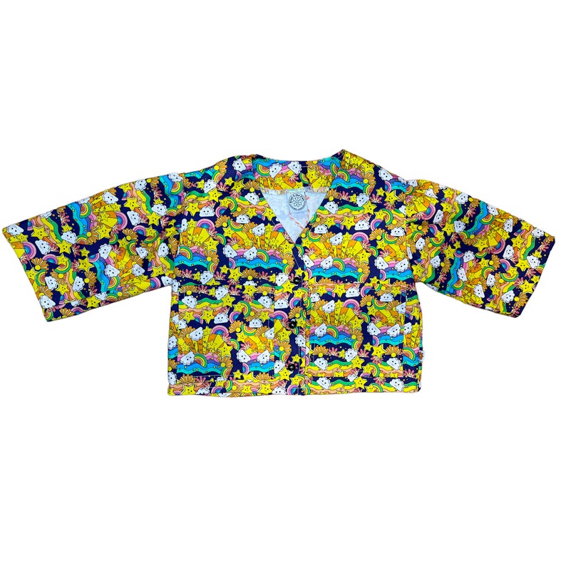 Childrens Bonjour Bébé Jacket. Sustainable, handmade, unisex, fun, festival, kids, co-ord top. Baby child size. in Rainbows print. image 2