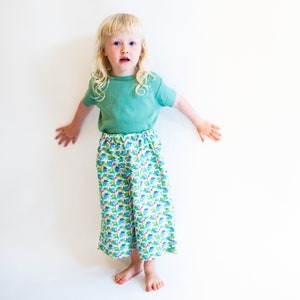 Childrens Wide leg trousers. Handmade, sustainable, unisex, fun, festival, kids, co-ord, culottes. Baby child sizes. Watercolours Print image 2