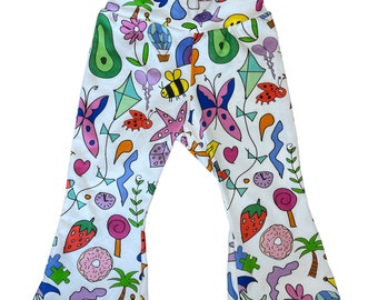 Children's festival flares, baby bottoms, cool kids trousers, kids party flares, unisex pants, Handmade in  Brighton. In Scribble Print