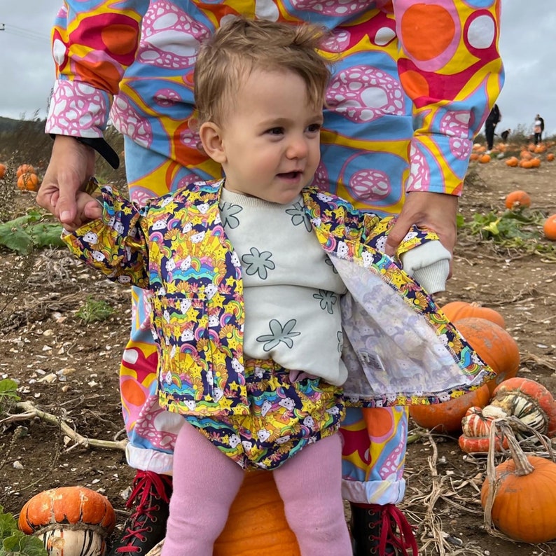 Childrens Bonjour Bébé Jacket. Sustainable, handmade, unisex, fun, festival, kids, co-ord top. Baby child size. in Rainbows print. image 4