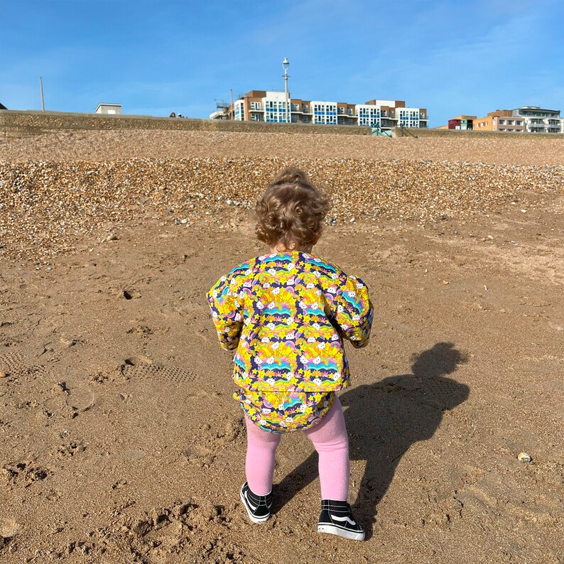 Childrens Bonjour Bébé Jacket. Sustainable, handmade, unisex, fun, festival, kids, co-ord top. Baby child size. in Rainbows print. image 9