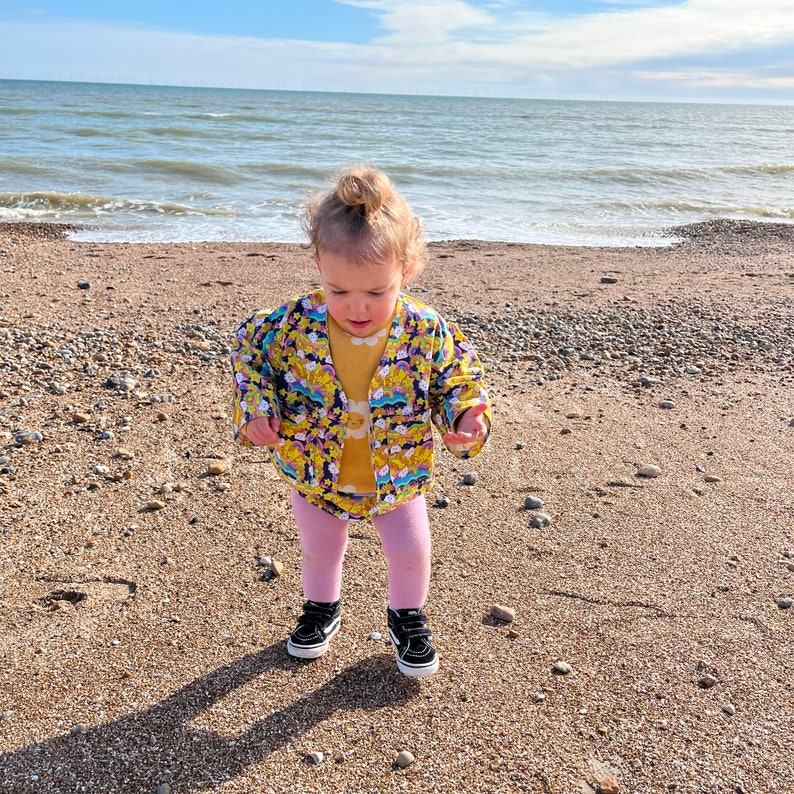 Childrens Bonjour Bébé Jacket. Sustainable, handmade, unisex, fun, festival, kids, co-ord top. Baby child size. in Rainbows print. image 10