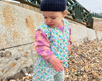 Childrens Bonjour Bébé Vest Jacket. Sustainable, handmade, unisex, fun, festival, kids, co-ord top. Baby child size. in Watercolours print.