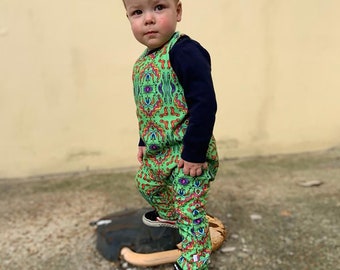 Childrens' Fleece Dungarees, sustainable kids' romper, unisex childs' overalls, kids fun festival outfit. Handmade in Brighton. Green Aztec.