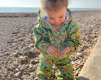 Children's festival joggers, baby bottoms, cool kids trousers, kids party joggers, unisex pants, kids tracksuit, handmade in Brighton.