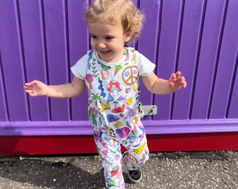 Childrens' Dungarees, sustainable kids' romper, unisex childs' overalls, kids fun festival outfit. Handmade in Brighton. Scribble print