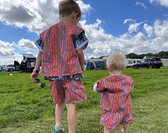 Children's unisex shorts. Sustainable, handmade, fun, festival, kids, baby, clothing. In Waves Print