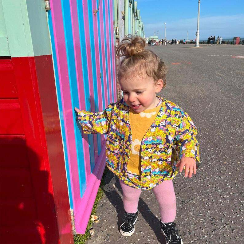 Childrens Bonjour Bébé Jacket. Sustainable, handmade, unisex, fun, festival, kids, co-ord top. Baby child size. in Rainbows print. image 3