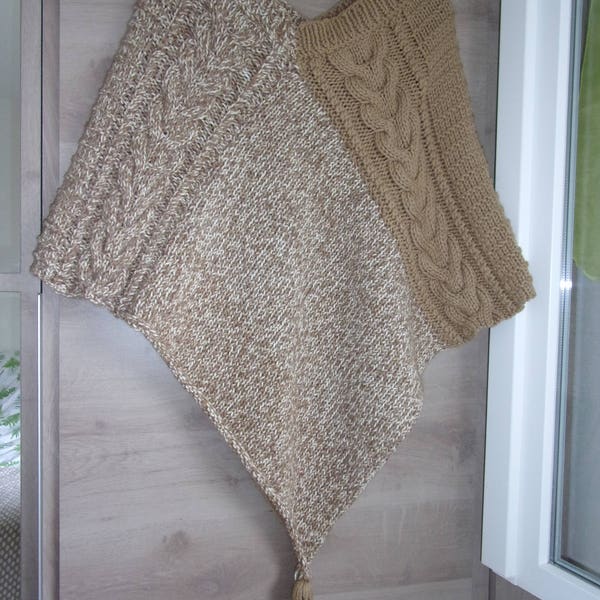 Poncho, shoulder warmer, hand-knitted, ecru beige, twists, neckline V front of + back, finish "acorns" in the extremities ",one size  woman