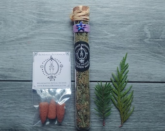 Evergreen Magick Loose Incense And Herbal Cedar Leaf Cones (35ml Glass Vial and 3 Incense Cones Pack)