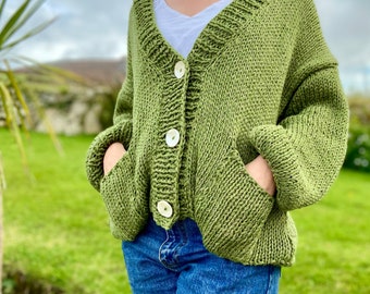 The Astara Hand Knitted Wool & Organic Cotton Cardigan In Moss Green