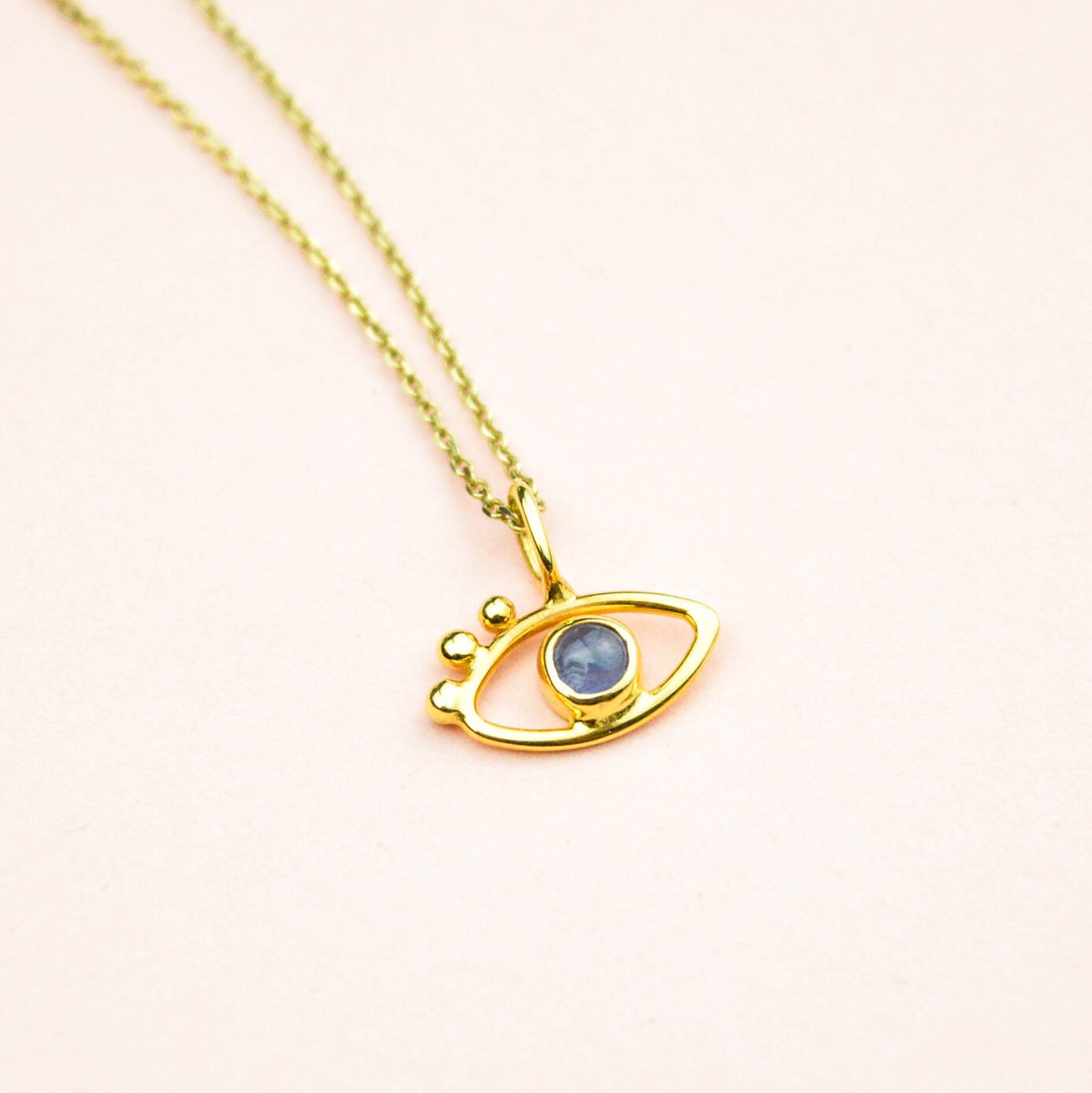 14k Solid Gold Evil Eye Sapphire Necklace Dainty 14k Gold Etsy