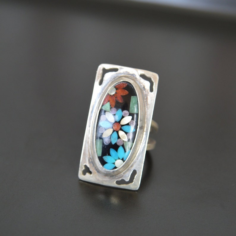 Silver 925 Vintage Ring Artistic Mosaic Ring Handmade Jewelry Vintage Colorful Ring Stylish Ring Beautiful Unique Ring
