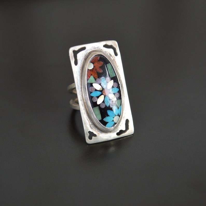 Silver 925 Vintage Ring Artistic Mosaic Ring Handmade Jewelry Vintage Colorful Ring Stylish Ring Beautiful Unique Ring
