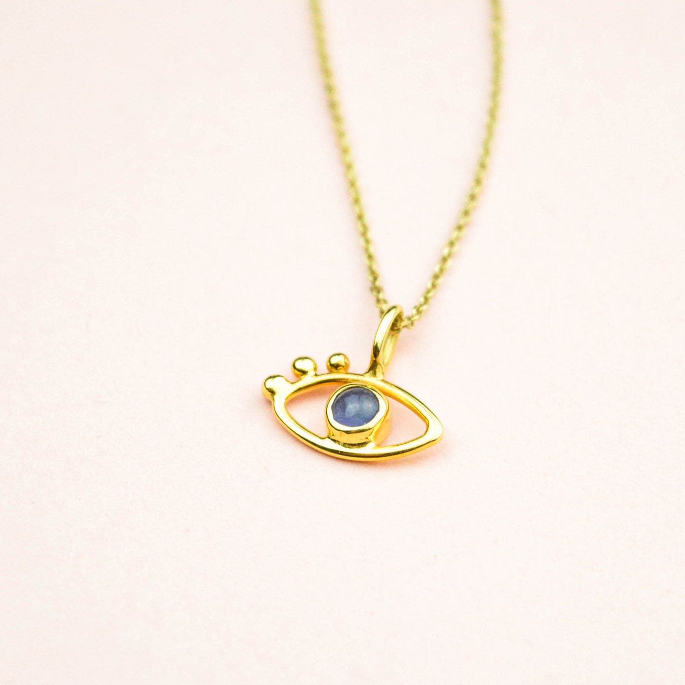 14k Solid Gold Evil Eye Sapphire Necklace Dainty 14k Gold | Etsy
