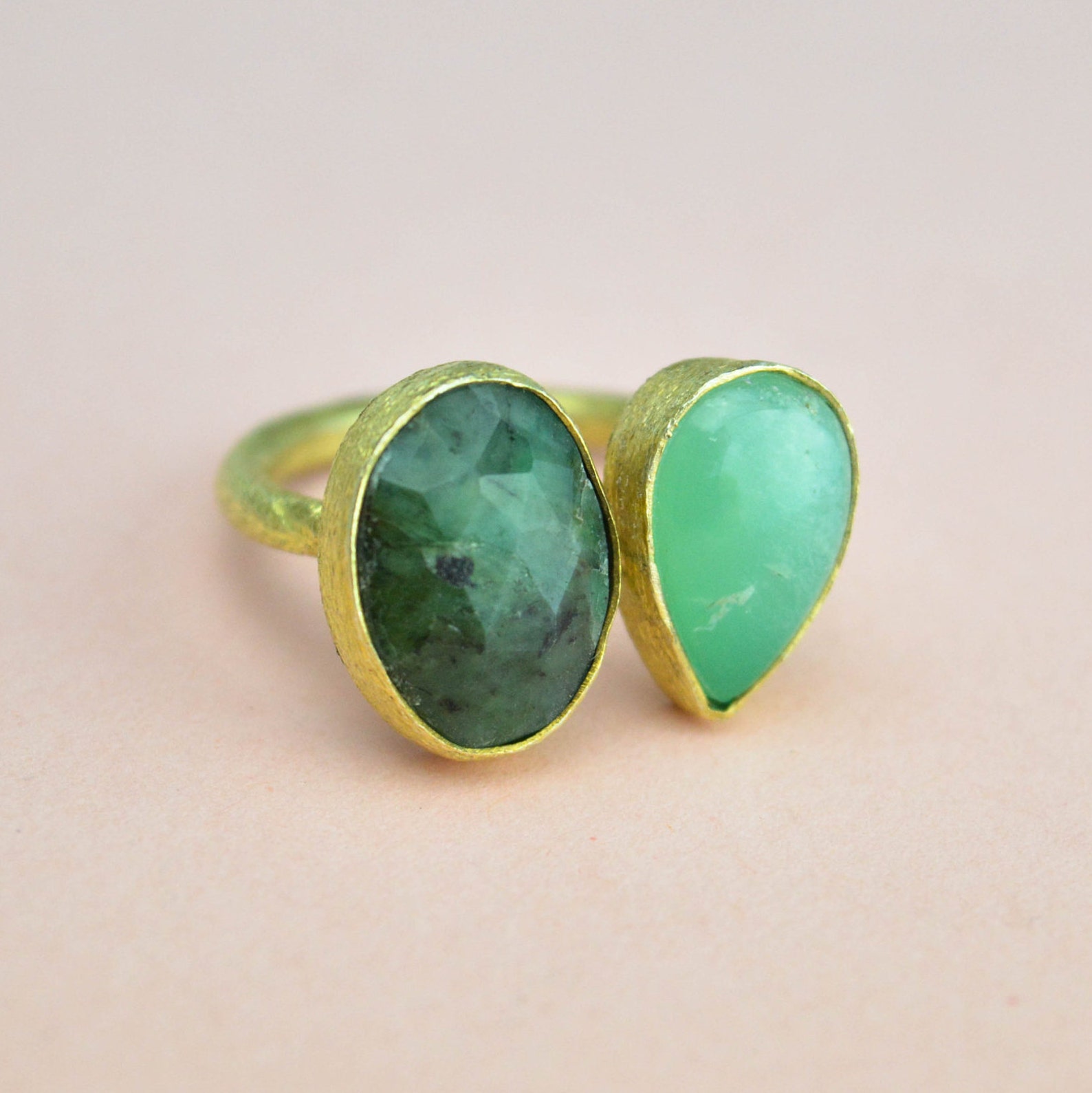 Emerald and Chrysoprase Gold Ring Statement Gemstone Ring | Etsy