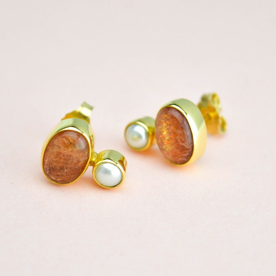 Sunstone and Pearl Stud Earrings Dainty Bezel Stud Earrings - Etsy