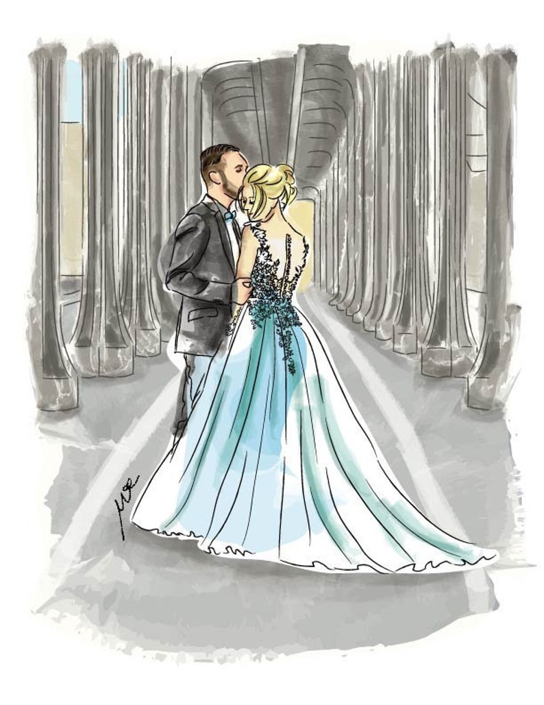 K&ouml;nnte beinhalten: Eine Aquarell-Illustration eines Paares in einer Hochzeitsszene. Die Braut tr&auml;gt ein hellblaues Hochzeitskleid mit einem Spitzenoberteil und der Br&auml;utigam tr&auml;gt einen dunklen Anzug. Sie stehen unter einer gew&ouml;lbten Decke mit S&auml;ulen auf beiden Seiten.