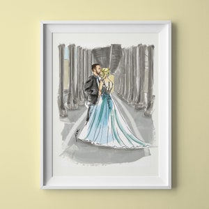 K&ouml;nnte beinhalten: Eine Aquarell-Illustration eines Paares in Hochzeitskleidung, das unter einem grauen Torbogen steht. Die Braut tr&auml;gt ein hellblaues Kleid mit Blumenmuster und der Br&auml;utigam tr&auml;gt einen dunklen Anzug.