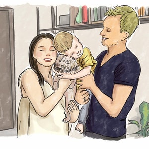 Personalized Family Portrait with Pet. Family of three, Custom Drawing Family, Housewarming Wall Art Gifts, Family Portrait Illustration