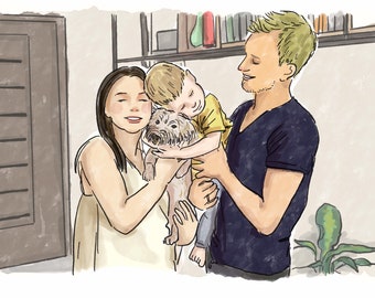 Portrait de famille personnalisé avec animal de compagnie, illustration personnalisée (numérique)