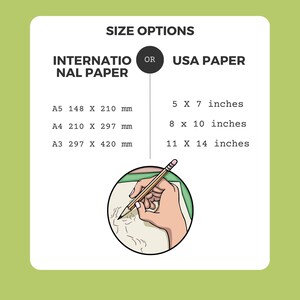 K&ouml;nnte beinhalten: Eine Grafik, die die Gr&ouml;&szlig;enoptionen f&uuml;r Papier zeigt. Die Optionen sind die internationalen Papierformate A5, A4 und A3 mit ihren entsprechenden Ma&szlig;en in Millimetern. Die andere Option sind die US-amerikanischen Papierformate mit Ma&szlig;en in Zoll: 5 x 7, 8 x 10 und 11 x 14.