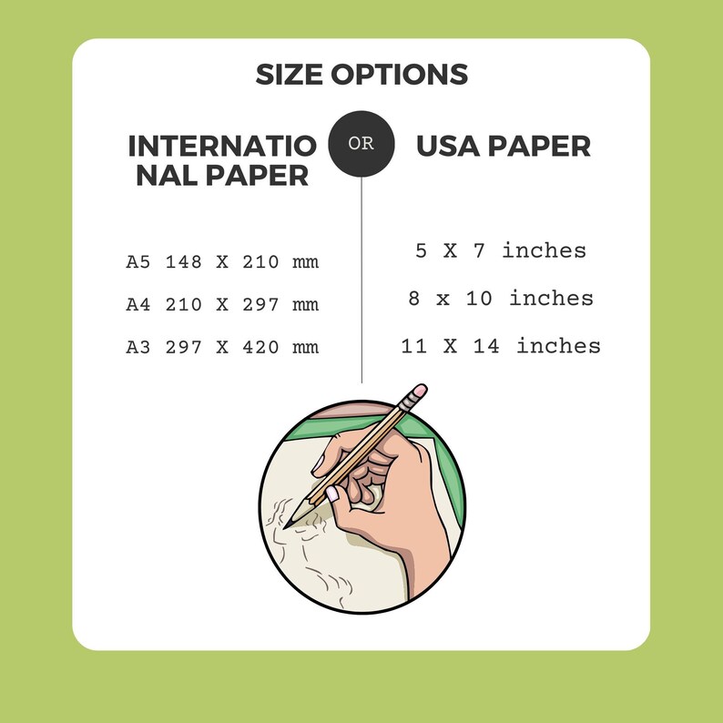 K&ouml;nnte beinhalten: Eine Grafik, die die Gr&ouml;&szlig;enoptionen f&uuml;r Papier zeigt. Die Optionen sind die internationalen Papierformate A5, A4 und A3 mit ihren entsprechenden Ma&szlig;en in Millimetern. Die andere Option sind die US-amerikanischen Papierformate mit Ma&szlig;en in Zoll: 5 x 7, 8 x 10 und 11 x 14.