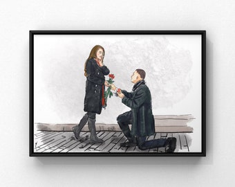 Illustration de photo d'engagement numérique. Croquis de fiançailles d'après photo. Art numérique pour mariage, cadeaux de fiançailles personnalisés, proposition de mariage