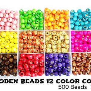 Large Hole Round Assorted Designs 12Mm Round Beads Natural Wood Bracelet Beads 500 PC 12 color Mix Painted Wood Beads DIY Bulk Beads