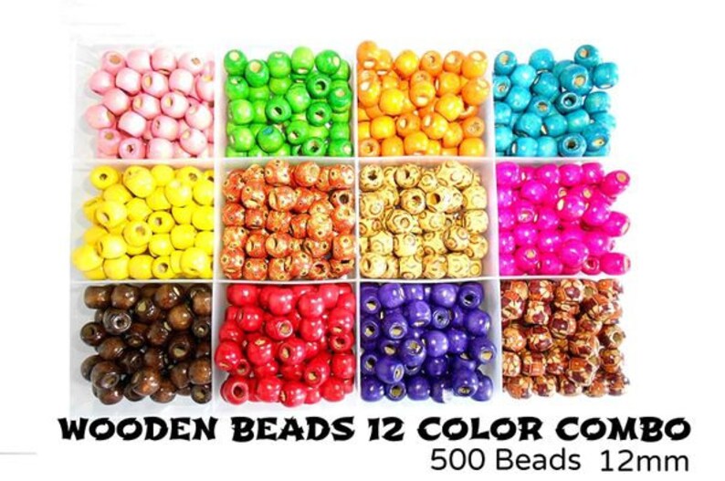 Large Hole Round Assorted Designs 12Mm Round Beads Natural Wood Bracelet Beads 500 PC 12 color Mix Painted Wood Beads DIY Bulk Beads