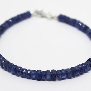 Blue Sapphire Sterling Silver Bracelet 8 Inch with Lobster Clasp, Faceted Rondelle Bead Size 4MM-5MM, TGW 50 CTS