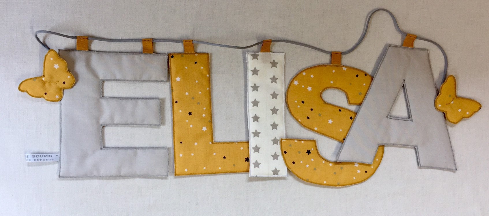 Sur Commande Guirlande de Lettres en Tissu Gris et Jaune Moutarde