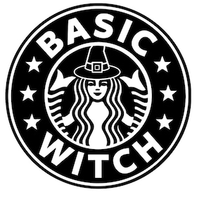 Puede incluir: Un diseño gráfico circular en blanco y negro que presenta una figura central con cabello largo y ondulado que lleva un sombrero de bruja puntiagudo. El texto BASIC está arqueado en la parte superior y WITCH en la inferior, con dos estrellas a cada lado.