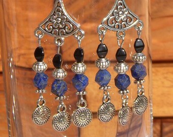 Lapis Lazuli earring I Natural stone earring I Long earrings I Glass bead earring.