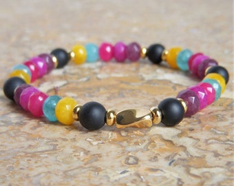 Tinted Onyx and Jade bracelet, multicolored 8mm natural stone bracelet, original Christmas birthday woman gift. Length 18cm.