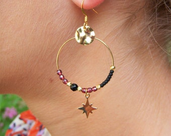 Creole earrings in natural GARNET and ONYX stone I Original earring I Bohemian earring I Gift for her.