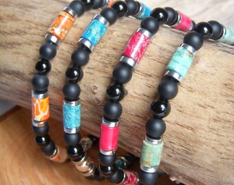 Men's bracelet made of natural stone. Surfer bracelet made of Imperial Jasper and black agate. Father's Day gift. Large size bracelet.