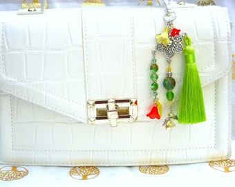 Green bag jewelry / key ring / bag jewelry with pompom and millefiori glass beads. Christmas, birthday gift for women.