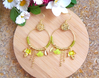 Green hoop earrings in boho and gipsy style I Original and timeless earrings for women I Gift for her