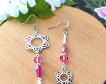 Asymmetrical "Mawanda" earrings in silver and pink. Lotus pendant. Original gift for women.