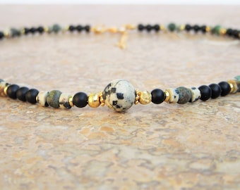 Natural stone necklace of Black Agate, African Turquoise and Dalmatian Jasper. I 18 k gold plated pearls I Original women's gift.