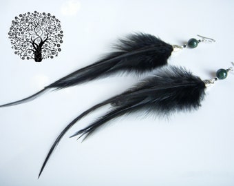 Long black feather earrings. Original earring. Natural feather earring. Boho chic earring.