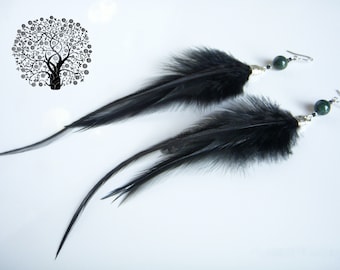 Long black feather earrings. Original earring. Natural feather earring. Boho chic earring.
